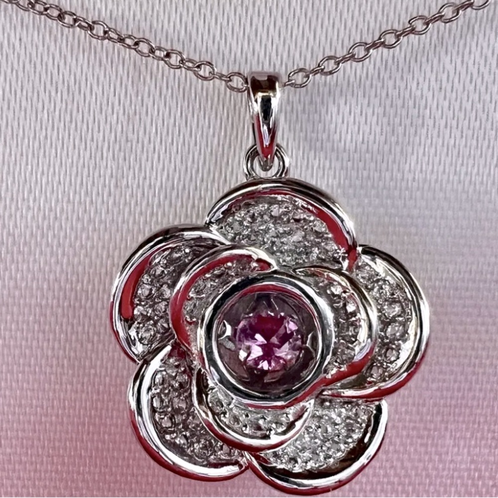 Pink & White Sapphire Flower Pendant Sterling Silver Pendant- New